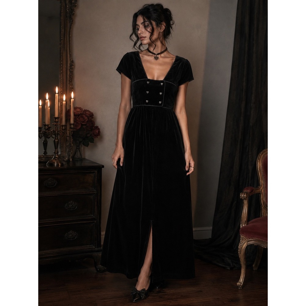 Vintage 50s Velvet Empire Waist Victorian Maxi Dress Heart Buttons Dark Romantic